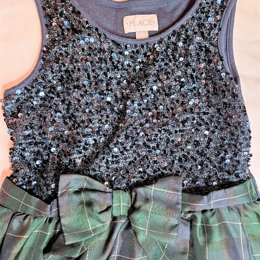 The Children's Place Girls Blue Sequined Top And Green Plaid Bottom Dress Size 8